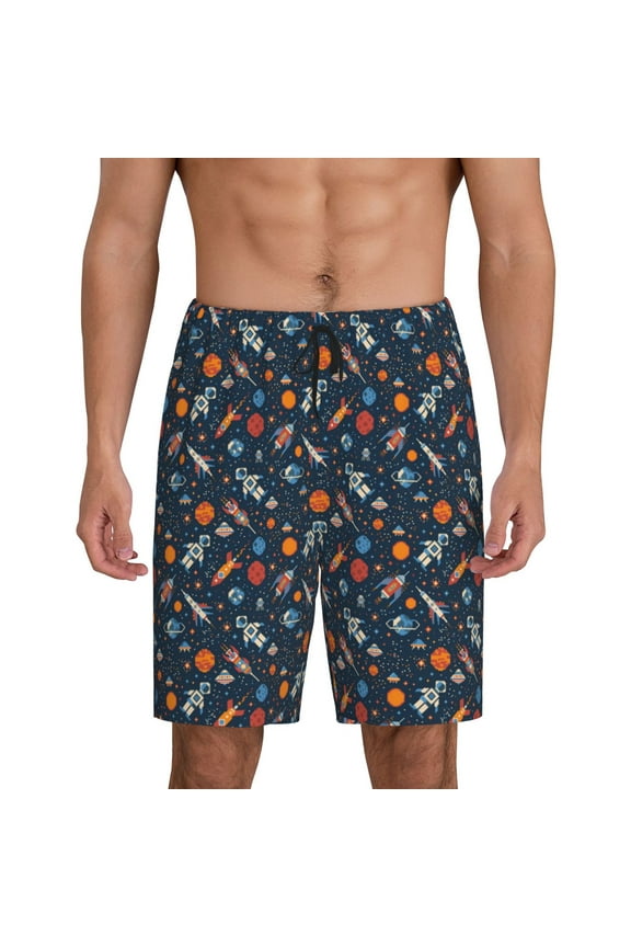 Spaceships And Stars In Outer Space Print Men's Pajama Shorts with Drawstring & Pockets,Sleep Shorts for Men,Sleepwear Bottoms,Elastic Waistband Loungewear-Medium