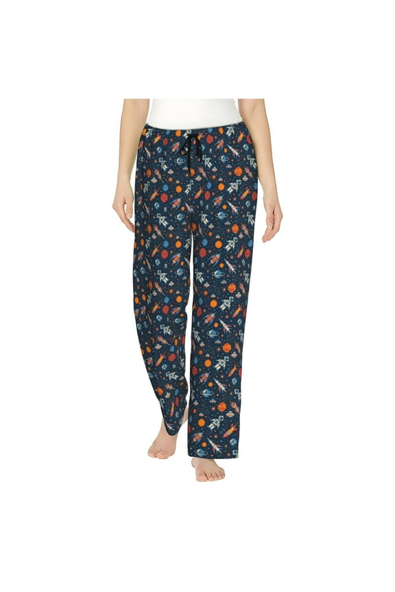 Spaceships And Stars In Outer Space Print Women Pajama Pants,Comfy Pj Bottom with Pockets & Drawstring,Stretch Casual Sleepwear-Small