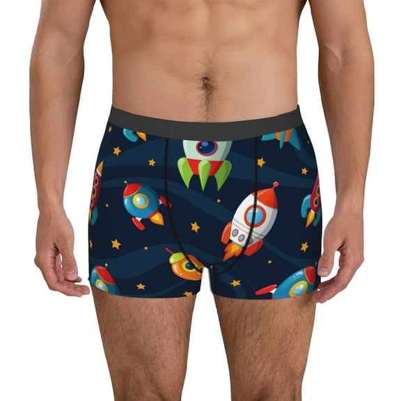 Logiee Spaceships and Stars Print Mens Boxer Briefs,Boxer Briefs for Men,Breathable Stretch Underwear,Boys Boxer Briefs-Large