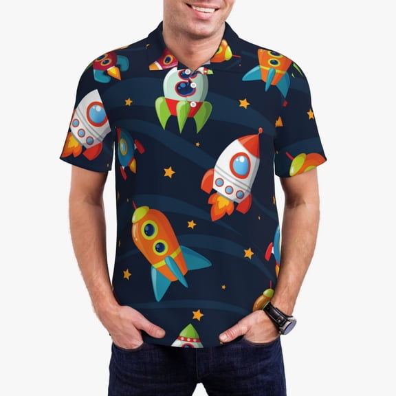 Logiee Spaceships and Stars Print Mens Polo Shirts,Mens Golf Polo Shirts,Short Sleeve Casual Polo Shirts for Men,Summer Fashion Beach Shirts-4X-Large