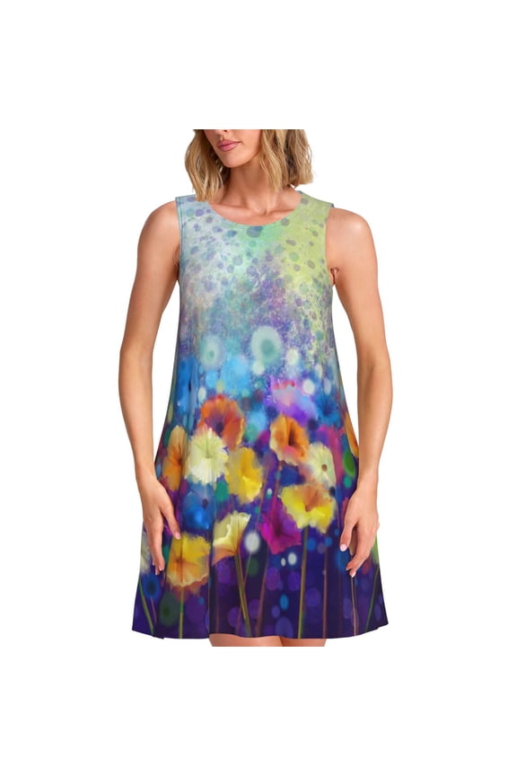 Spring Flower Seasonal Print Summer Dresses for Women,Beach Sleeveless Flowy Pocket Tshirt Tank Sundresses,Women's Sleeveless Dress