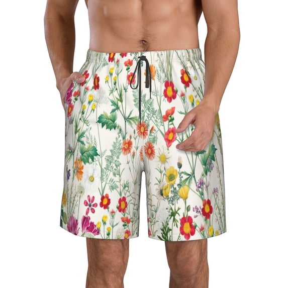 Logiee Spring floral Print Mens Swim Trunks Quick Dry Board Shorts,Breathable Hawaii Beach Shorts Swimwear Bathing Suits-Large