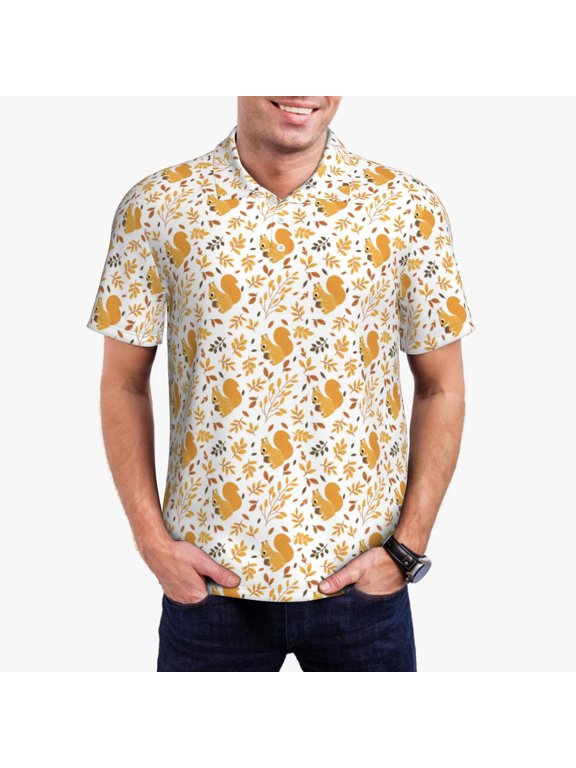 Squirrel And Leaves Print Mens Polo Shirts,Mens Golf Polo Shirts,Short Sleeve Casual Polo Shirts for Men,Summer Fashion Beach Shirts-Small