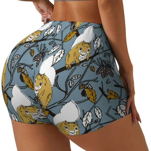 Logiee Squirrel And Leaves Print Women's Biker Shorts,Workout Gym Shorts,Scrunch Shorts,Tummy Control Hidden Scrunch Running Yoga Shorts-XX-Large