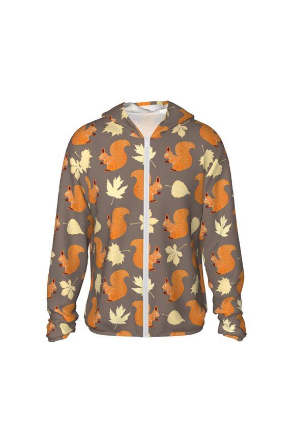 Squirrel And Maple Leaves Print Men's Women Light Jacket Full Zip Sun Protection Hoodie Long Sleeve Sun Shirts for Men Hiking Fishing Zip Pockets-X-Large