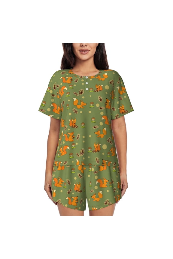 Squirrel And Nuts Print Womens Pajamas Set,Short-Sleeve Pajama 2 Piece Sleepwear with Pockets-Large