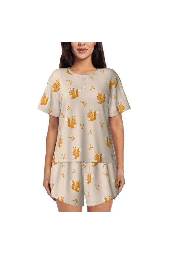 Squirrel Animal Print Womens Pajamas Set,Short-Sleeve Pajama 2 Piece Sleepwear with Pockets-XX-Large