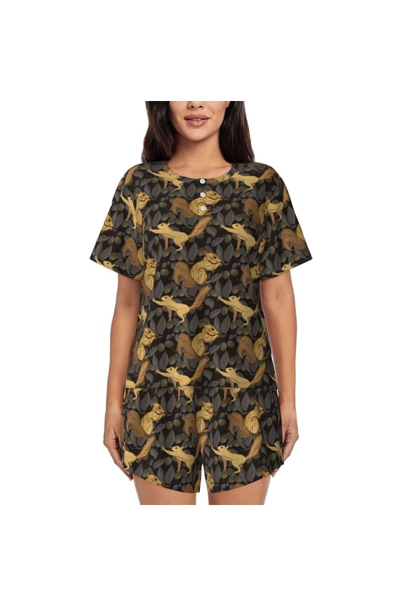 Squirrel Gathering Nuts Print Womens Pajamas Set,Short-Sleeve Pajama 2 Piece Sleepwear with Pockets-Large