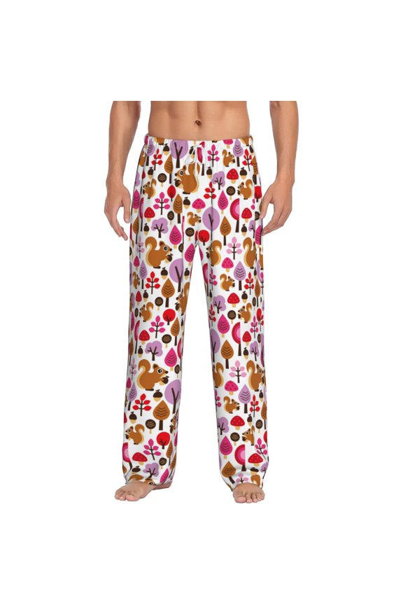 Squirrel In The Forest Print Pajama Pants for Men,Men’s Pajama Bottoms,Mens PJ Pants with Pockets & Button Fly-Small