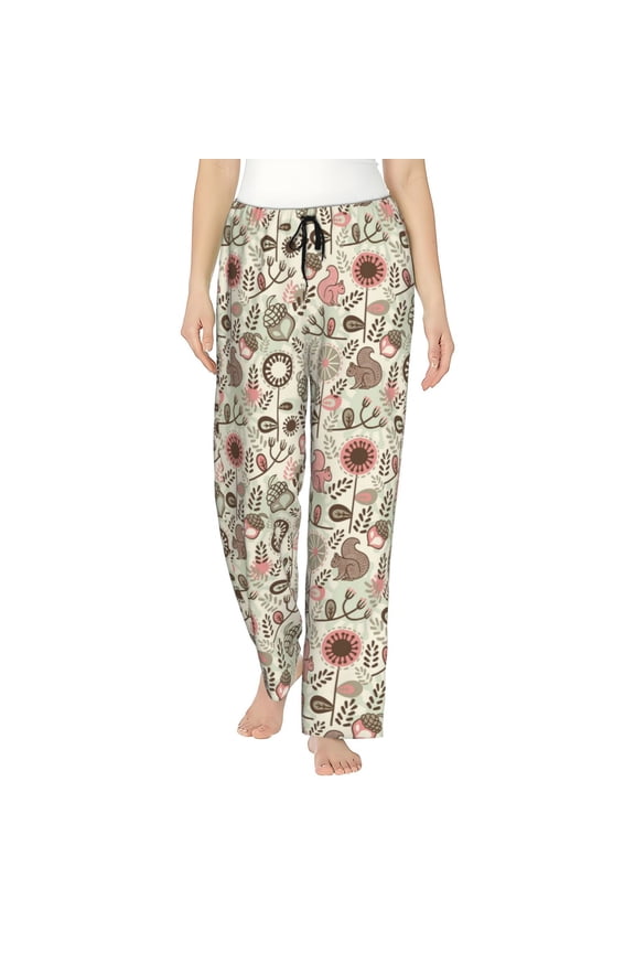 Squirrel In The Forest Print Women Pajama Pants,Comfy Pj Bottom with Pockets & Drawstring,Stretch Casual Sleepwear-Small