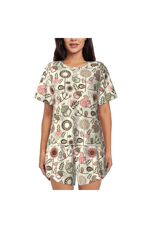 Squirrel In The Forest Print Womens Pajamas Set,Short-Sleeve Pajama 2 Piece Sleepwear with Pockets-Large