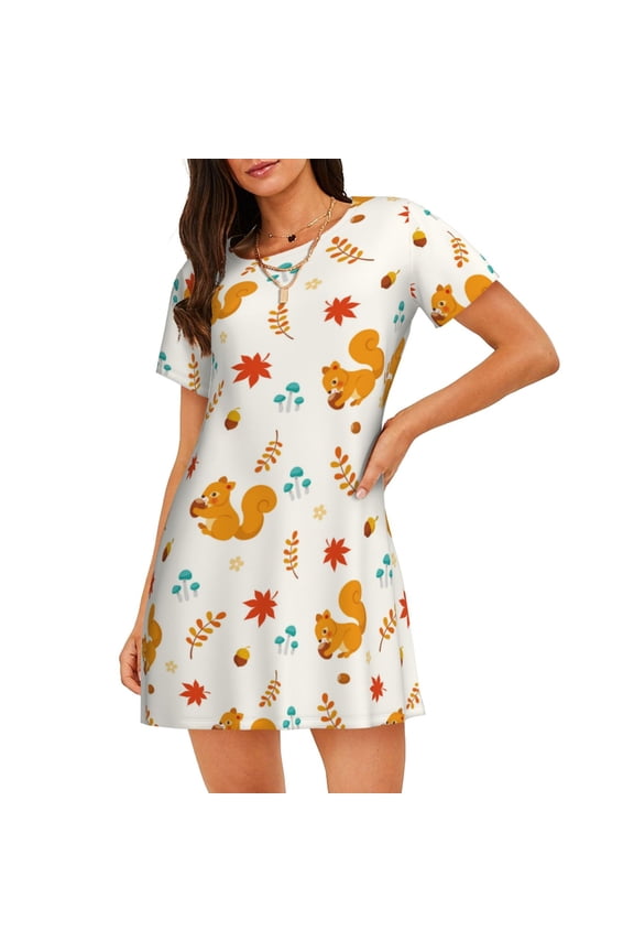 Squirrel Maple Leaves And Nuts Print Nightgowns for Women,Soft Short-Sleeved Lightweight Sleepwear, Loose Sleepshirts