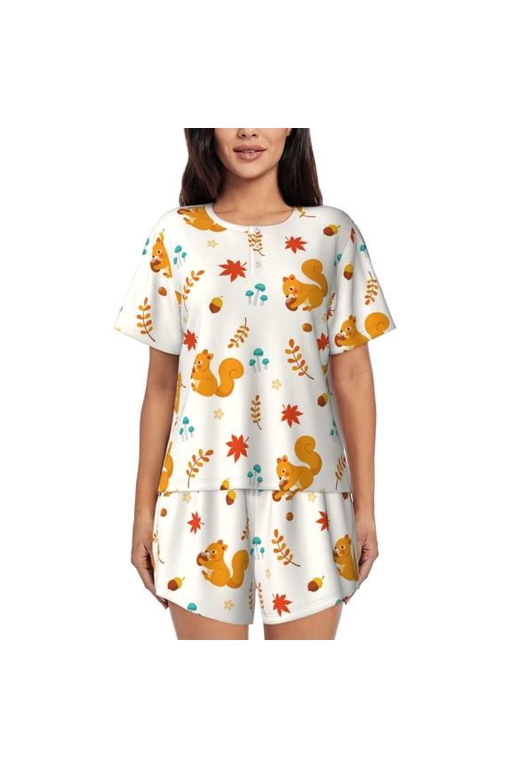 Squirrel Maple Leaves And Nuts Print Womens Pajamas Set,Short-Sleeve Pajama 2 Piece Sleepwear with Pockets-Small