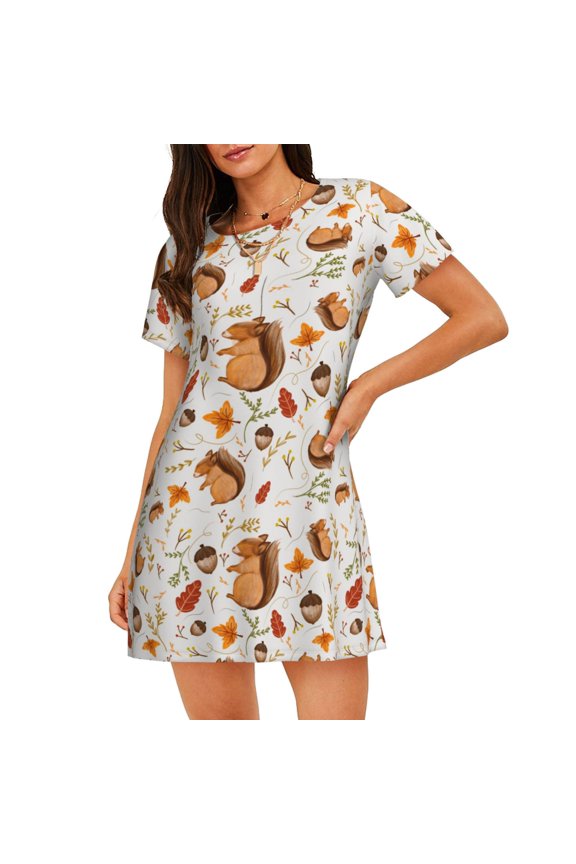 Squirrel Print Nightgowns for Women,Soft Short-Sleeved Lightweight Sleepwear, Loose Sleepshirts
