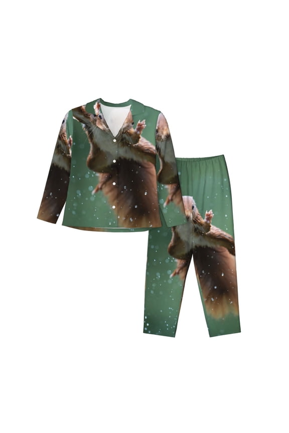 Squirrel Print Womens Pajamas Set,Long Sleeve Sleepwear,Button Down Lounge Set 2 Pieces,Soft Nightwear Pjs Set-Medium