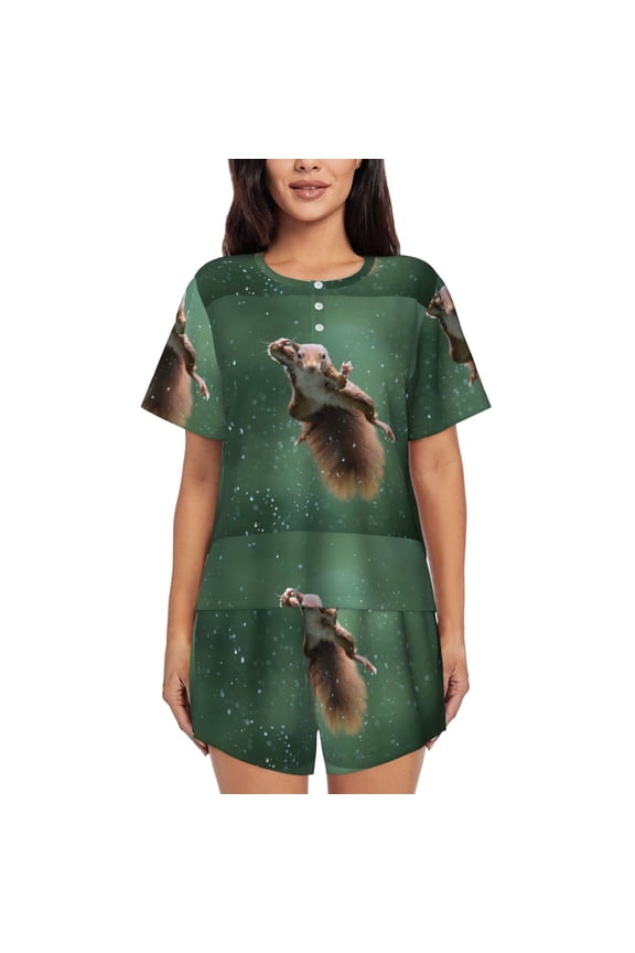 Squirrel Print Womens Pajamas Set,Short-Sleeve Pajama 2 Piece Sleepwear with Pockets-Medium