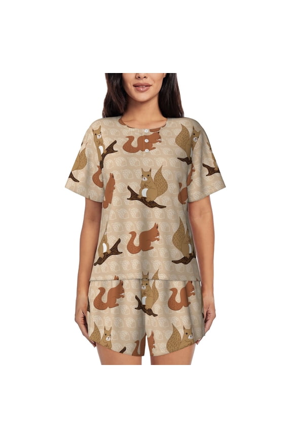 Squirrel nut backgrounds Print Womens Pajamas Set,Short-Sleeve Pajama 2 Piece Sleepwear with Pockets-Medium