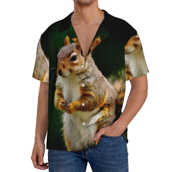 Logiee Squirrels Eating Peanuts On The Tree Print Men's Button Down Shirts Short Sleeve, Summer Beach Shirts,Vacation Wedding Shirts,Men's Casual Button-Down Shirts with Pocket-3X-Large