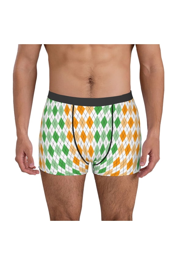 St. Patrick's day argyle Print Mens Boxer Briefs,Boxer Briefs for Men,Breathable Stretch Underwear,Boys Boxer Briefs-Large