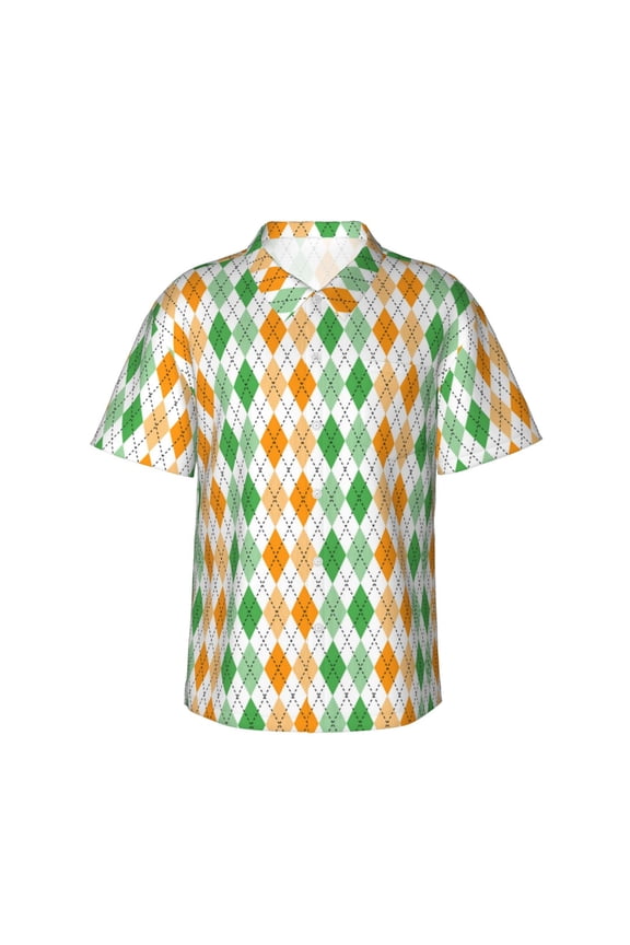 St. Patrick's day argyle Print Mens Hawaiian Shirts,Loose-Fit Short Sleeve Button Down Tropical Aloha Beach Shirt,Summer Vacation Wedding Tops,Small