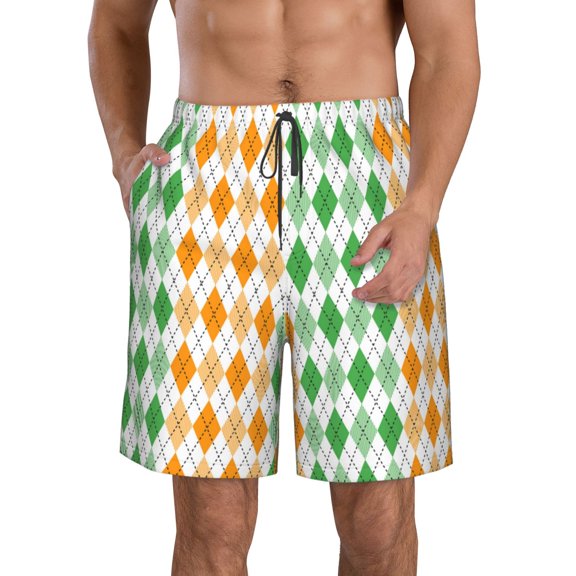 Logiee St. Patrick's day argyle Print Mens Swim Trunks Quick Dry Board Shorts,Breathable Hawaii Beach Shorts Swimwear Bathing Suits-Large