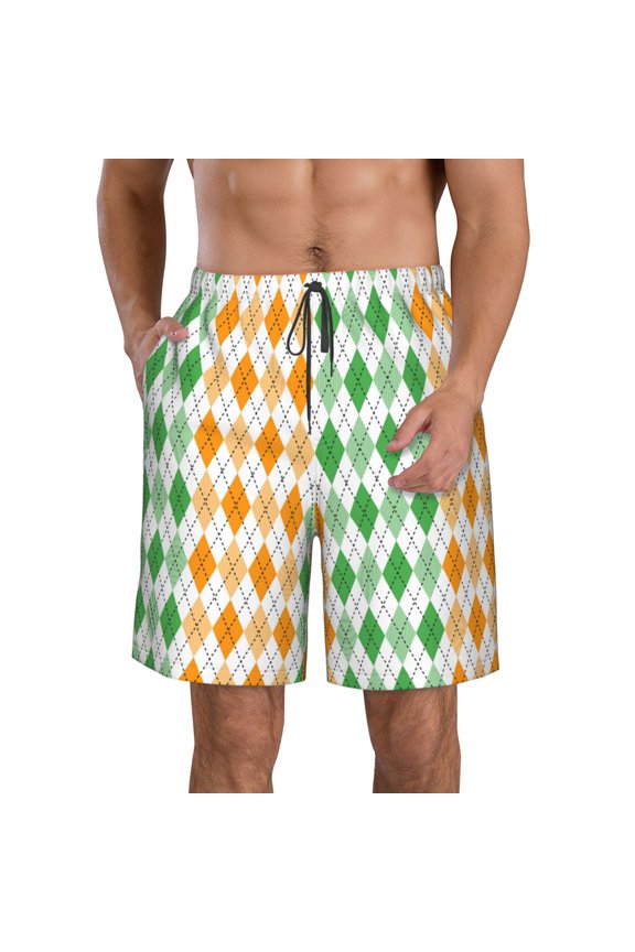 St. Patrick's day argyle Print Mens Swim Trunks Quick Dry Board Shorts,Breathable Hawaii Beach Shorts Swimwear Bathing Suits-Large