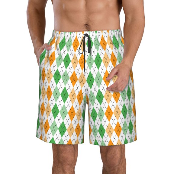 Logiee St. Patrick's day argyle Print Mens Swim Trunks Quick Dry Board Shorts,Breathable Hawaii Beach Shorts Swimwear Bathing Suits-X-Large