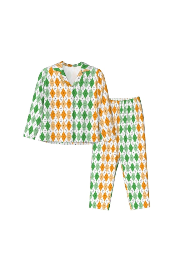 St. Patrick's day argyle Print Womens Pajamas Set,Long Sleeve Sleepwear,Button Down Lounge Set 2 Pieces,Soft Nightwear Pjs Set-Large
