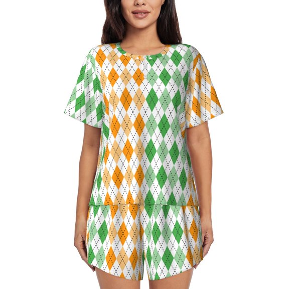 Logiee St. Patrick's day argyle Print Womens Pajamas Set,Short-Sleeve Pajama 2 Piece Sleepwear with Pockets-Medium