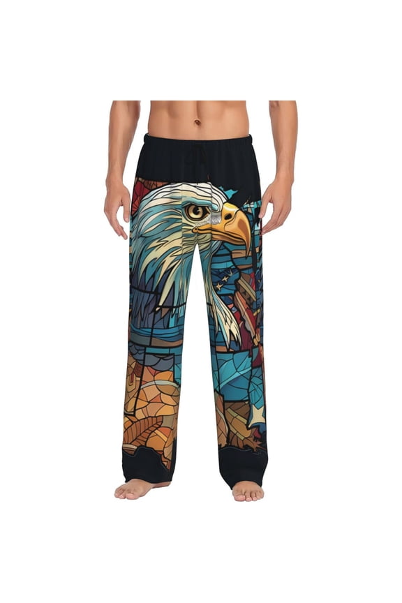 Stained Glass Eagle USA Print Pajama Pants for Men,Men’s Pajama Bottoms,Mens PJ Pants with Pockets & Button Fly-3X-Large