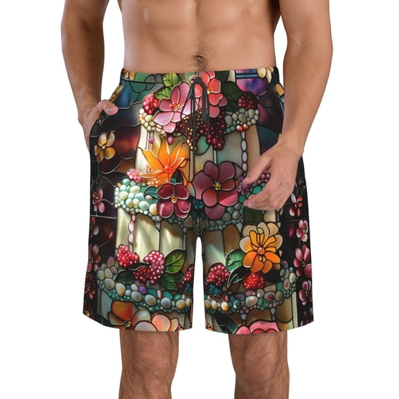 Logiee Stained Glass Floral Cake Print Mens Swim Trunks Quick Dry Board Shorts,Breathable Hawaii Beach Shorts Swimwear Bathing Suits-Small