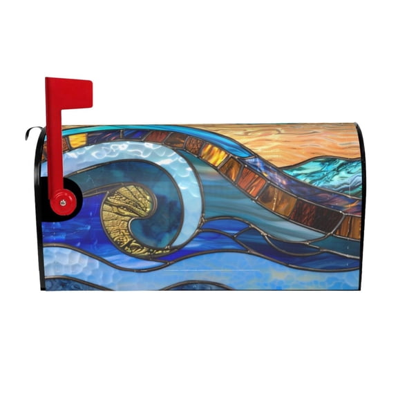 Logiee Stained Glass Ocean Wave Print Post Letter Box Wrap Decor, Mailbox Cover Suitable for Standard Mailbox and Large Size Mailbox,Outdoor Yard Decoration-25.5x21 in