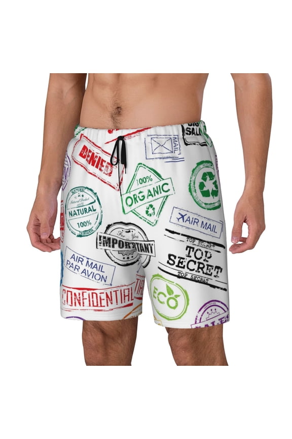 Stamp Set Collection Print Men's Swim Trunk,Quick Dry Board Shorts ,Men's Swim Trunks with Compression Liner, Bathing Suits with Pockets-Large