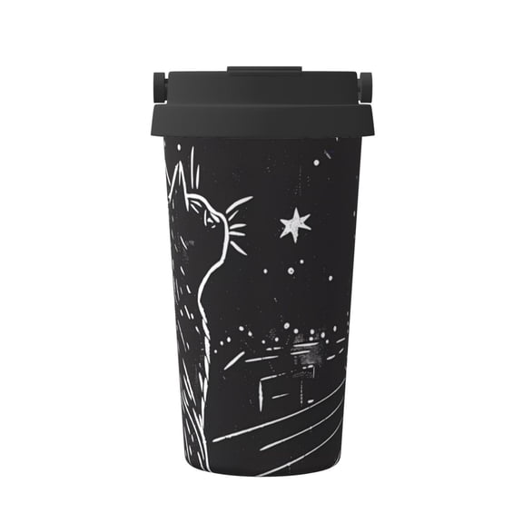 Logiee Star Gazing Cat Illustration Print Stainless Steel Coffee Tumbler, Travel Coffee Mug, Insulated Coffee Mug with Lid, Spill Proof Coffee Cup, Portable Thermal Mug