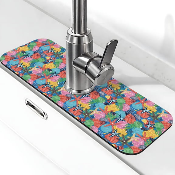 Logiee Starfish And Algae Print Kitchen Sink Splash Guard Faucet Mat for Splash Guard Behind Faucet Drip Catcher for Kitchen,Bathroom,Sink Mat,Dish Drying Mat,Bathroom-15" X 5.5"