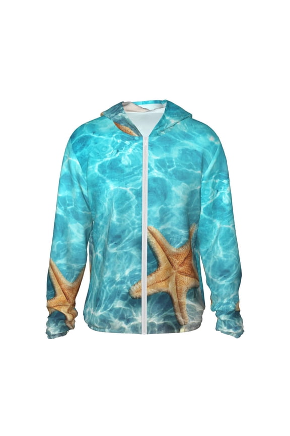 Starfish And Seashell On The Beach 1 Print Men's Women Light Jacket Full Zip Sun Protection Hoodie Long Sleeve Sun Shirts for Men Hiking Fishing Zip Pockets-XX-Large