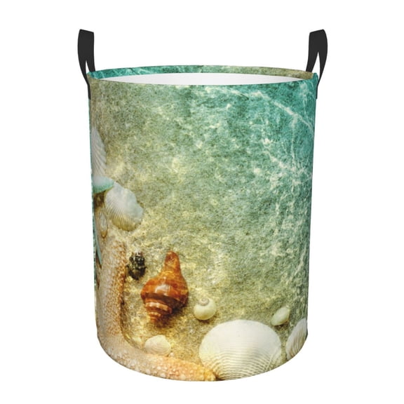 Logiee Starfish And Seashell Print Laundry Hamper,Dirty Clothes Hamper Storage Basket for Bathroom Bedrooms College Dorm, Circular Hamper with Handles,Collapsible Laundry Baskets-Medium