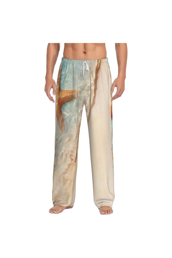 Starfish On The Sand Beach Print Pajama Pants for Men,Men’s Pajama Bottoms,Mens PJ Pants with Pockets & Button Fly-Large
