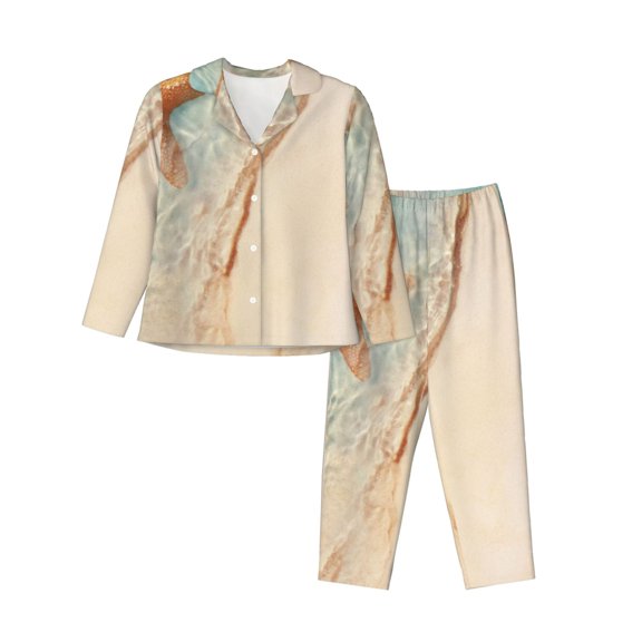 Logiee Starfish On The Sand Beach Print Womens Pajamas Set,Long Sleeve Sleepwear,Button Down Lounge Set 2 Pieces,Soft Nightwear Pjs Set-