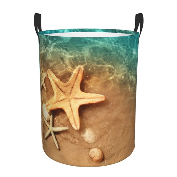 Logiee Starfish And Seashell 1 Print Laundry Hamper,Dirty Clothes Hamper Storage Basket for Bathroom Bedrooms College Dorm, Circular Hamper with Handles,Collapsible Laundry Baskets-Small