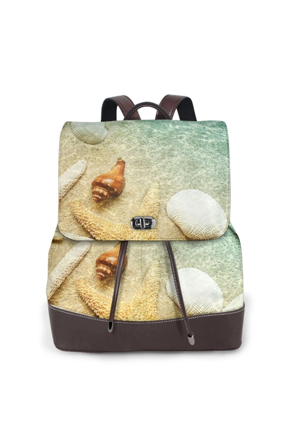 Logiee Starfish And Seashell On The Beach Print Backpack Purse for Women,Fashion Leather Backpack Purse,Women's Leather Backpack for Work College Travel