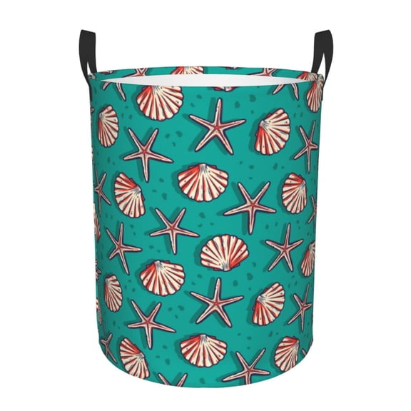 Logiee Starfish and Shell Print Laundry Hamper,Dirty Clothes Hamper Storage Basket for Bathroom Bedrooms College Dorm, Circular Hamper with Handles,Collapsible Laundry Baskets-Small
