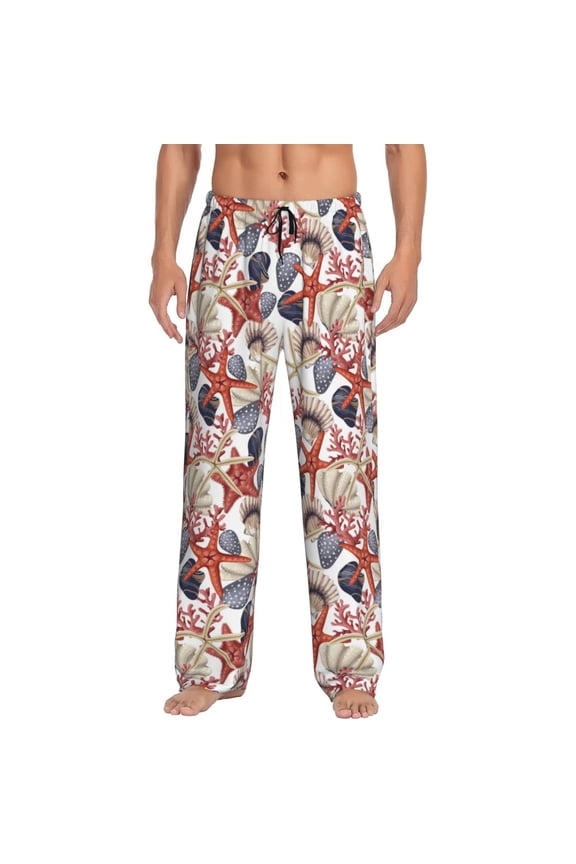 Starfish Shell Print Pajama Pants for Men,Men’s Pajama Bottoms,Mens PJ Pants with Pockets & Button Fly-Large