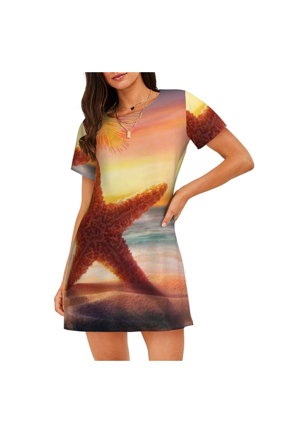 Starfish Sunset Sea Beach Print Nightgowns for Women,Soft Short-Sleeved Lightweight Sleepwear, Loose Sleepshirts