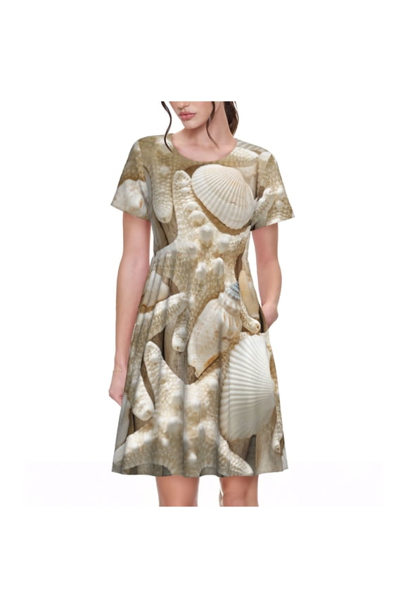 Starfish and Sea Shells Print Womens Summer Dress,Casual Short Sleeve Sundresses,Beach A-line Shift Dress with Pockets