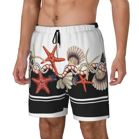 Logiee Starfishes Shells Print Men's Swim Trunk,Quick Dry Board Shorts ,Men's Swim Trunks with Compression Liner, Bathing Suits with Pockets-X-Large