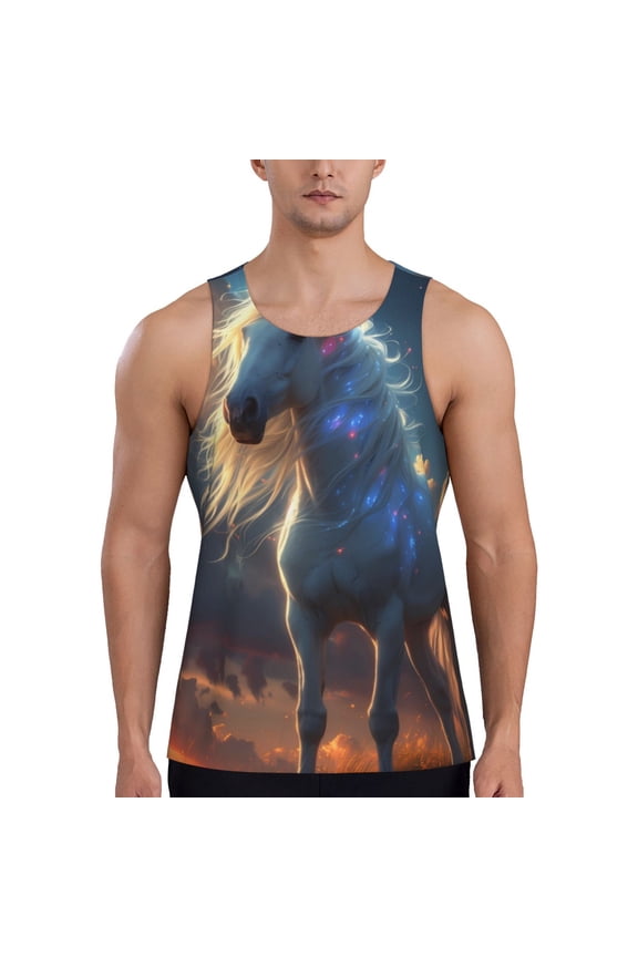 Starry Light White Horse Print Men's Workout Tank Top,Quick Dry Workout Tank Top,Gym Muscle Tee,Fitness Bodybuilding Sleeveless T Shirt-Medium