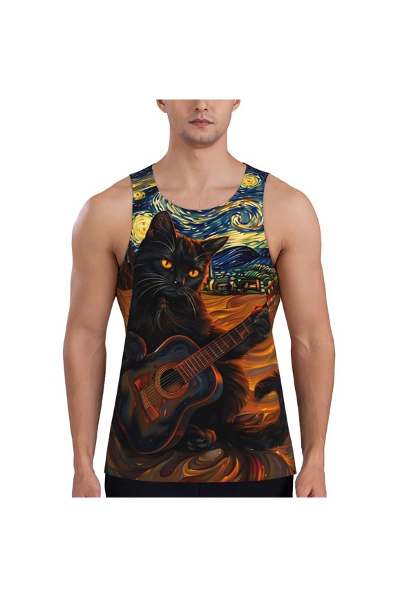 Starry Night Cat Guitarist A Print Men's Workout Tank Top,Quick Dry Workout Tank Top,Gym Muscle Tee,Fitness Bodybuilding Sleeveless T Shirt-Small