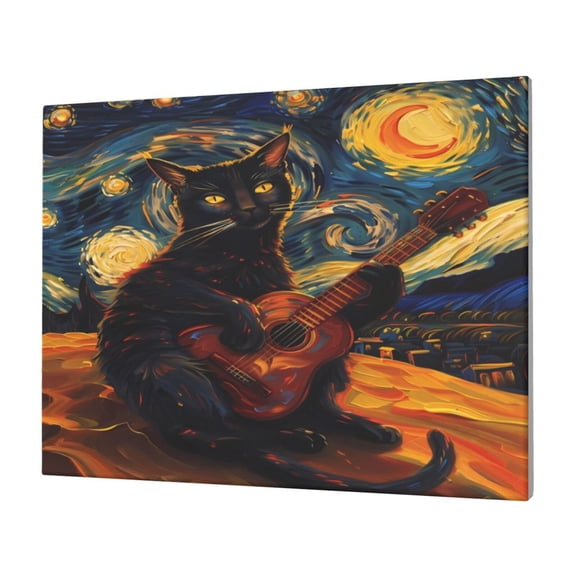 Logiee Starry Night Cat Guitarist Print Canvas Wall Art,Canvas Picture Prints with Frame, Wall Art Decorative,Canvas Decorative,Suitable for Living Room Bedroom Office Room 30x40