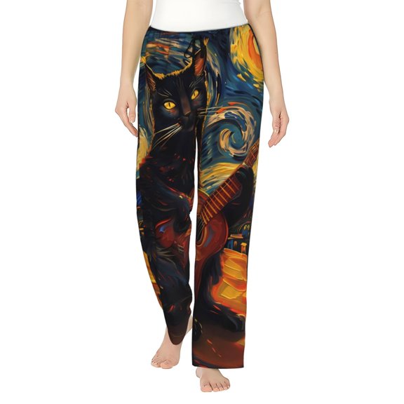 Logiee Starry Night Cat Guitarist Print Women Pajama Pants,Comfy Pj Bottom with Pockets & Drawstring,Stretch Casual Sleepwear-Large